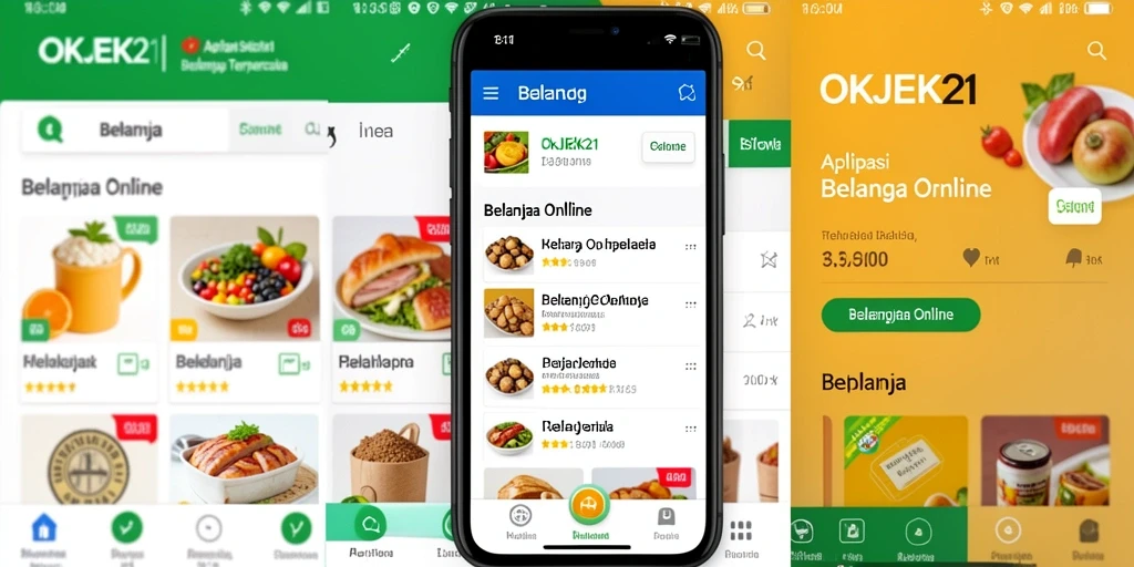 Tampilan antarmuka aplikasi OKJEK21 dengan berbagai pilihan produk.