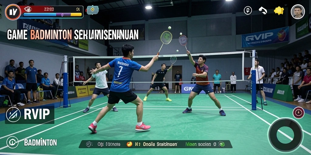 Tangkapan layar antarmuka game Badminton yang menarik dan dinamis.